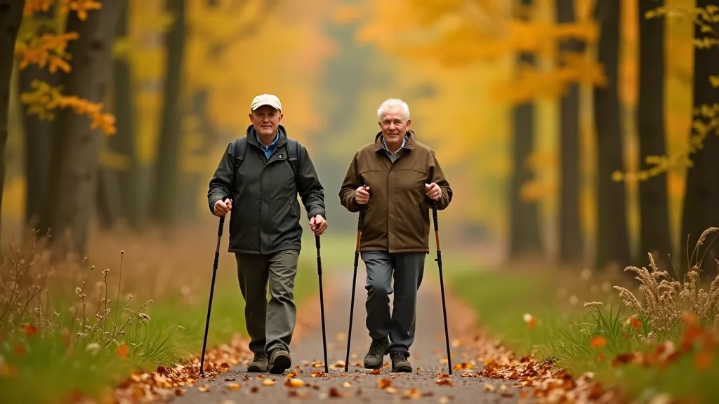 Aktīvi seniori ar pastaigošanas nūjām ārā