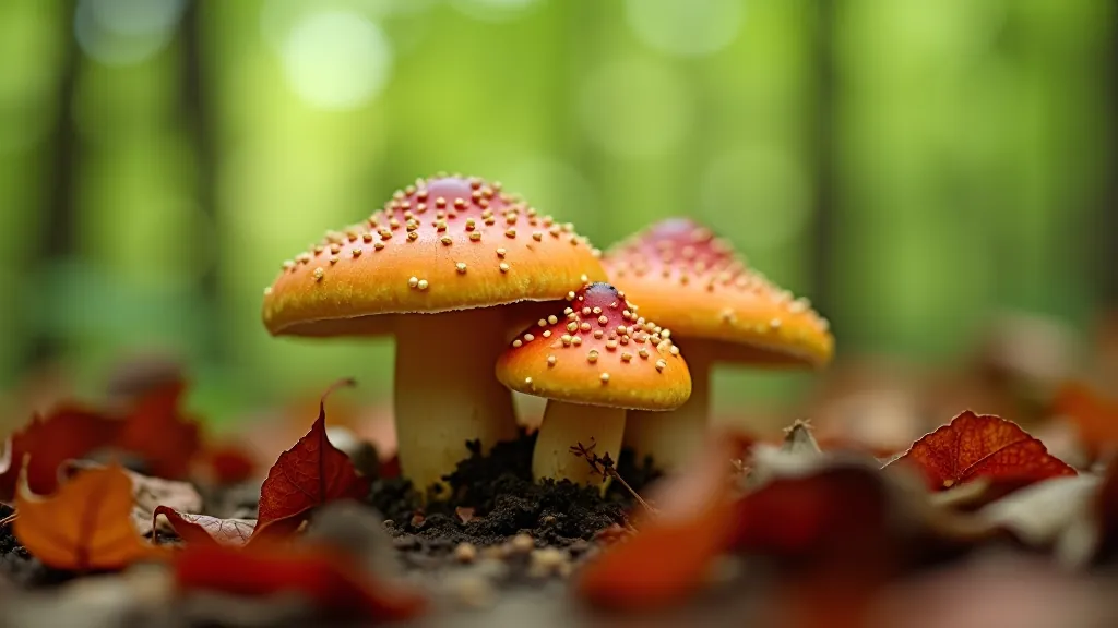 Jāņa parkā augošas sēnītes zem sarkana lapas, mājīga meža atmosfēra, augstā kvalitātē