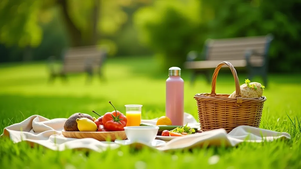 Ārā piknika iestatīšana uz zaļas zāles